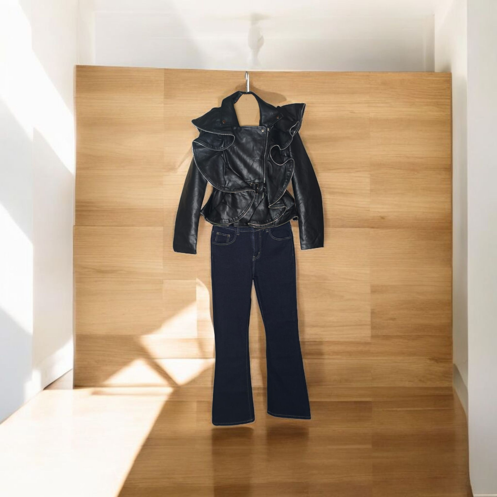 CHAQUETA POLIPIEL NEGRA  VOLANTES